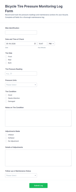 Bicycle Tire Pressure Monitoring Log Form Template