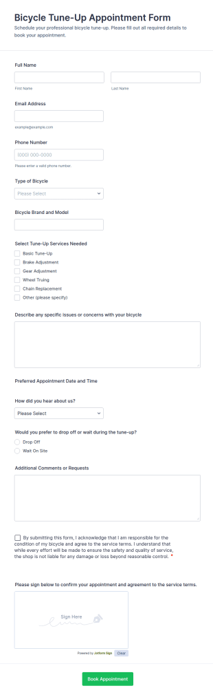 Bicycle Tune Up Appointment Form Template