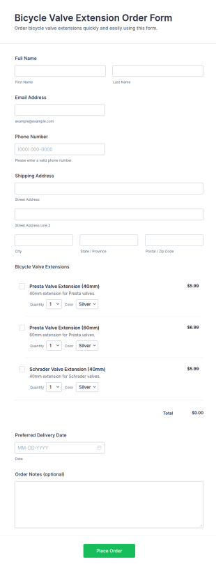 Bicycle Valve Extension Order Form Template
