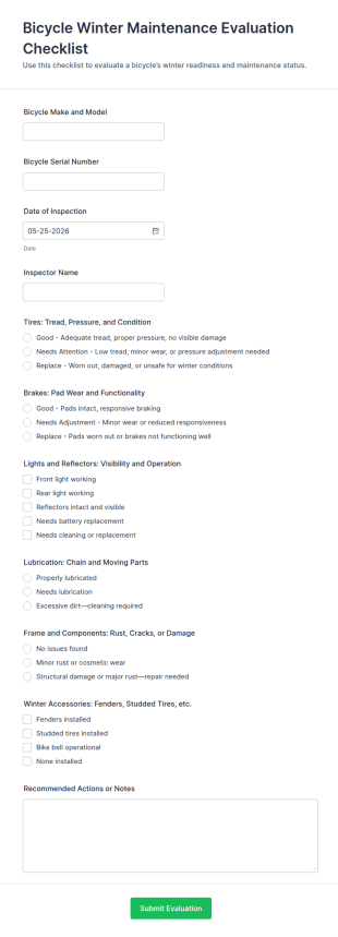 Bicycle Winter Maintenance Evaluation Checklist Form Template
