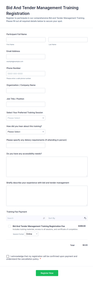 Bid And Tender Management Training Registration Form Template