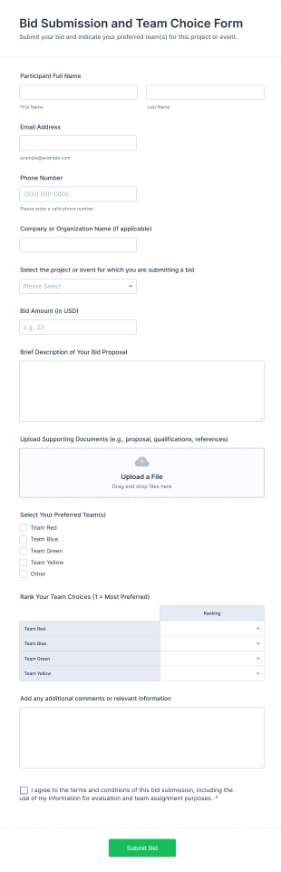 Bid Submission And Team Choice Form Template