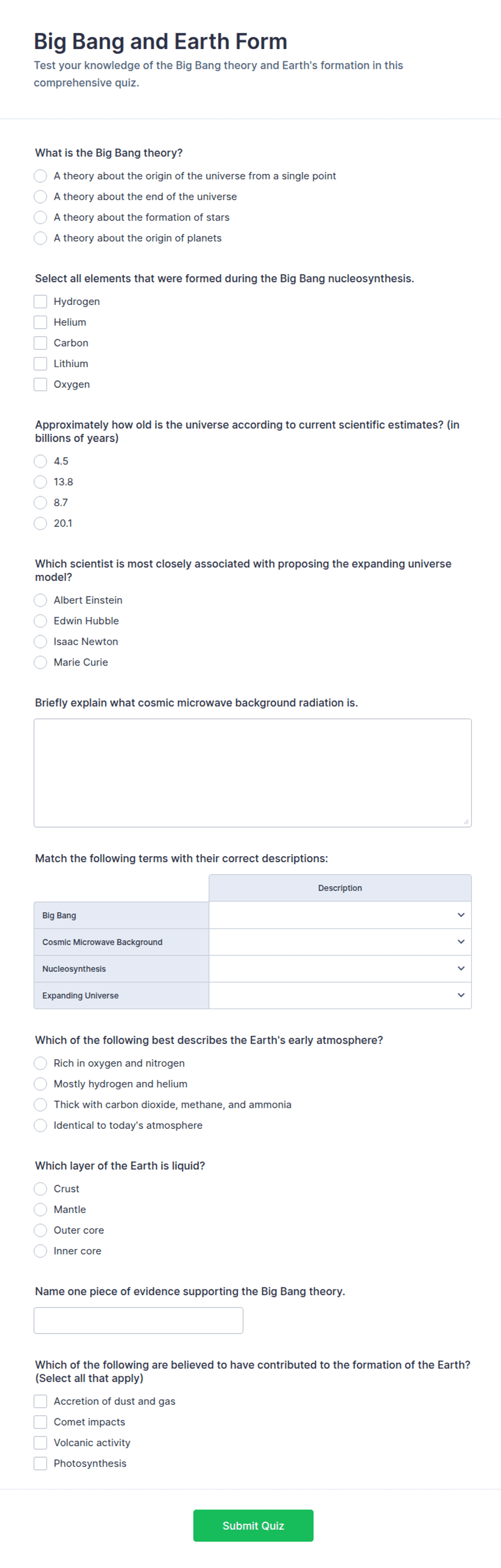 Big Bang and Earth Quiz Form Template | Jotform