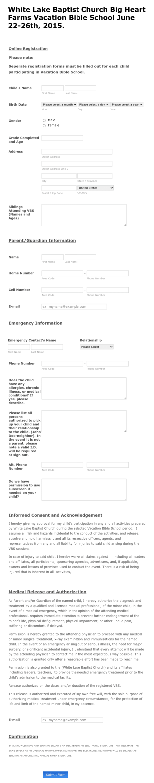 Big Heart Farms White Lake Baptist Vbs 2015 Form Template