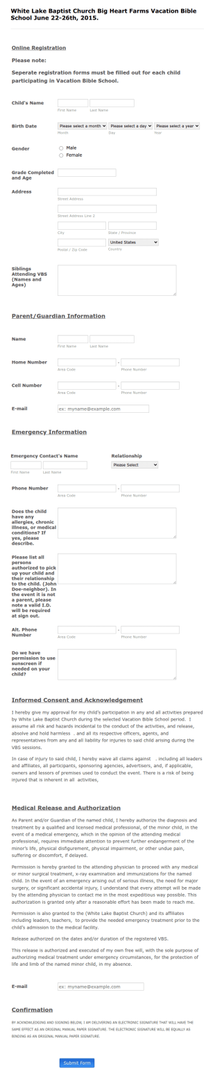 Big Heart Farms White Lake Baptist Vbs 2015 Form Template