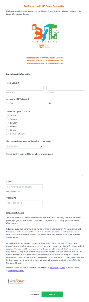 Dance Competition Enrollment Form Template