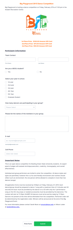 Dance Competition Enrollment Form Template