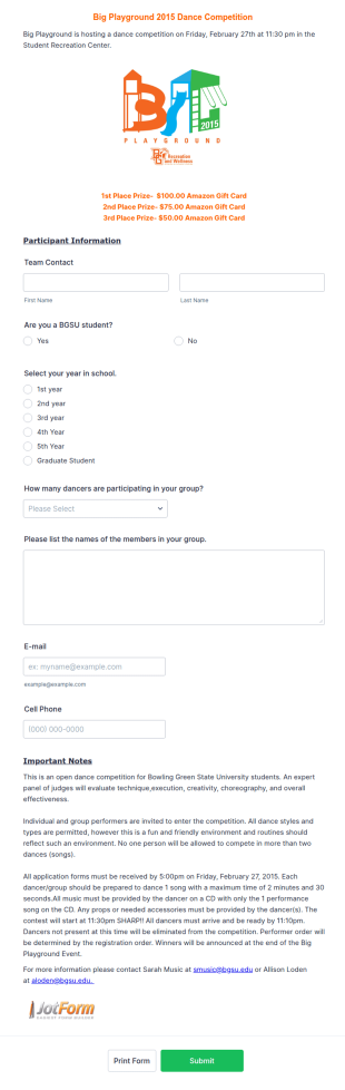 Dance Competition Enrollment Form Template