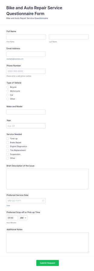 Bike And Auto Repair Service Questionnaire Form Template