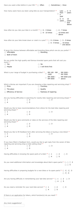 Bike Auto Services Questionnaire Form Template