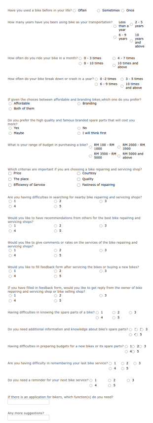 Bike Auto Services Questionnaire Form Template