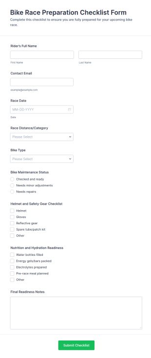 Bike Race Preparation Checklist Form Template
