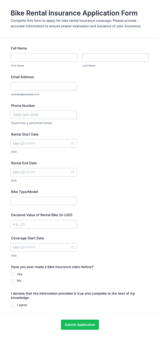 Bike Rental Insurance Application Form Template