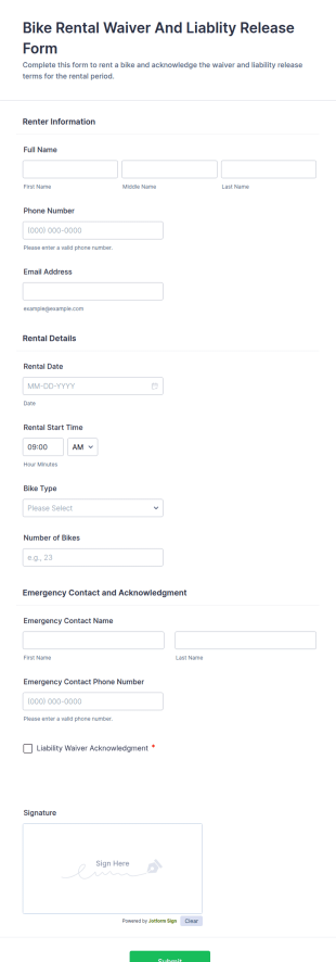 Bike Rental Waiver And Liability Release Form Template
