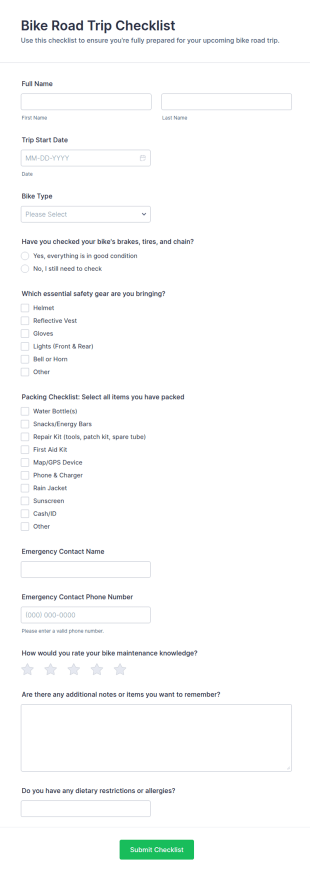 Bike Road Trip Checklist Form Template