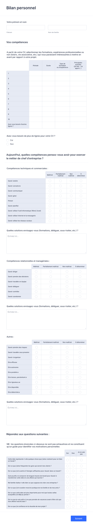 Bilan Personnel Form Template