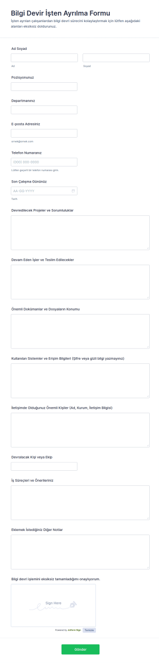 Bilgi Aktarımı Kapanış Formu 🎓 Form Şablonu