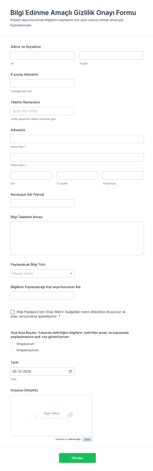 Bilgi Edinme Amaçlı Gizlilik Onayı Form Şablonu