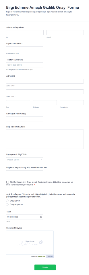 Bilgi Edinme Amaçlı Gizlilik Onayı Form Şablonu
