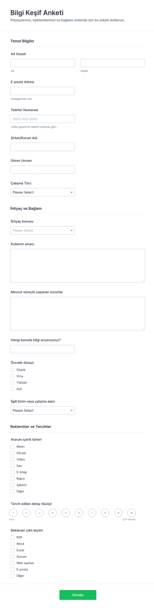 Bilgi Keşif Anketi Form Şablonu