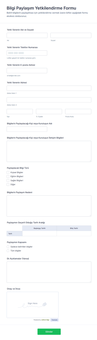 Bilgi Paylaşım Yetkilendirme Form Şablonu