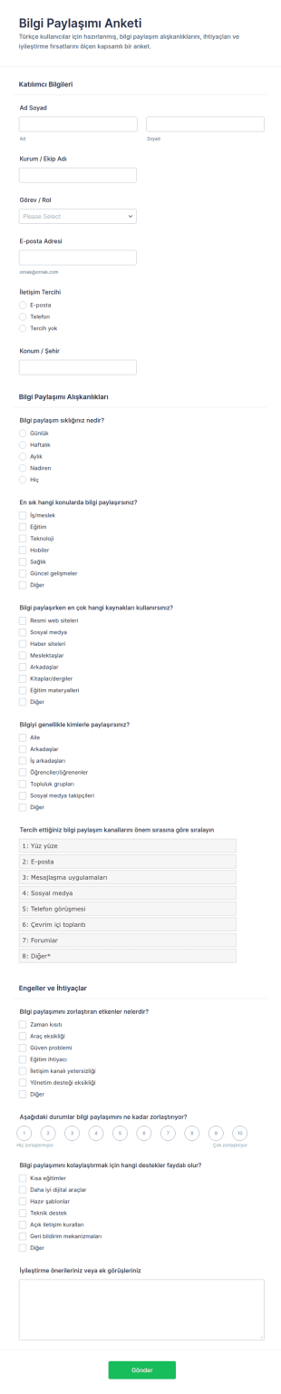 Bilgi Paylaşımı Anketi Form Şablonu