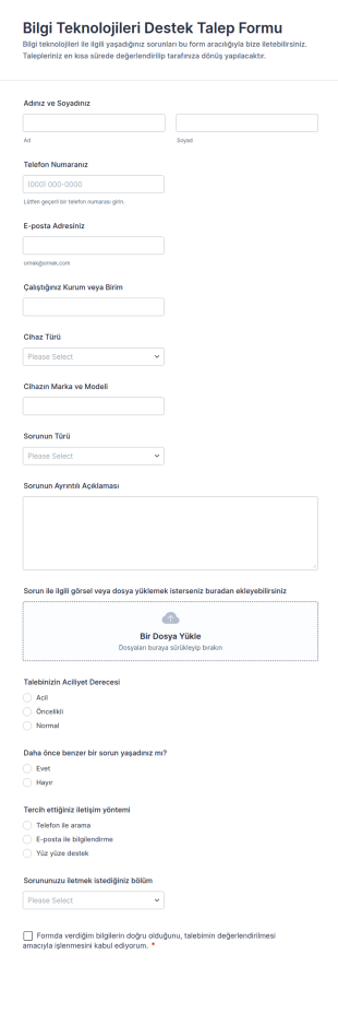 Bilgi Teknolojileri Destek Talep Form Şablonu