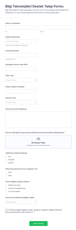 Bilgi Teknolojileri Destek Talep Form Template