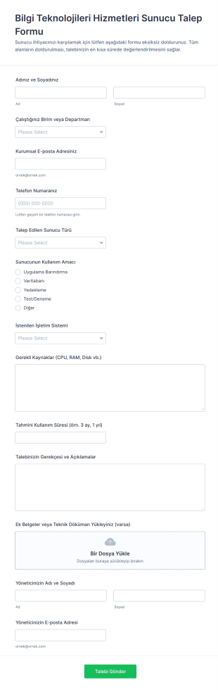 Bilgi Teknolojileri Hizmetleri Sunucu Talep Form Şablonu