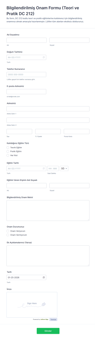 Bilgilendirilmiş Onam Formu (Teori Ve Pratik DC 212) Form Şablonu
