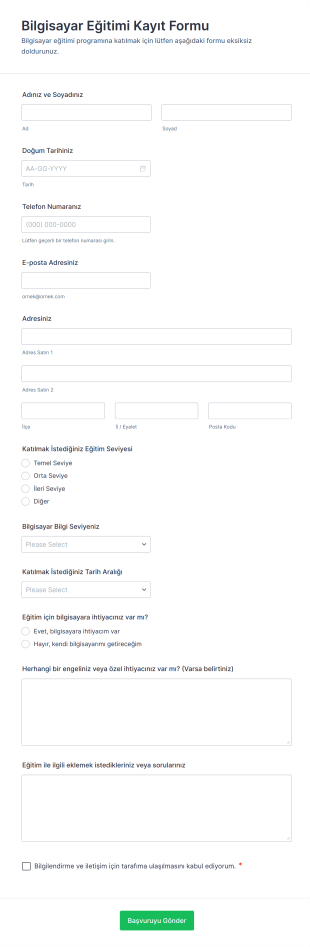 Bilgisayar Eğitimi Kayıt Form Şablonu
