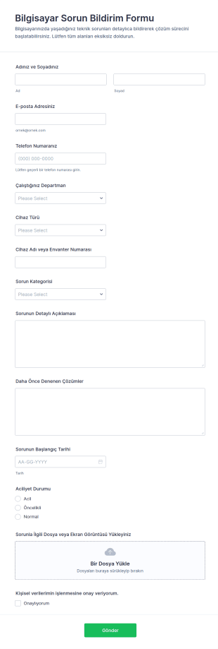 Bilgisayar Sorun Bildirim Form Şablonu