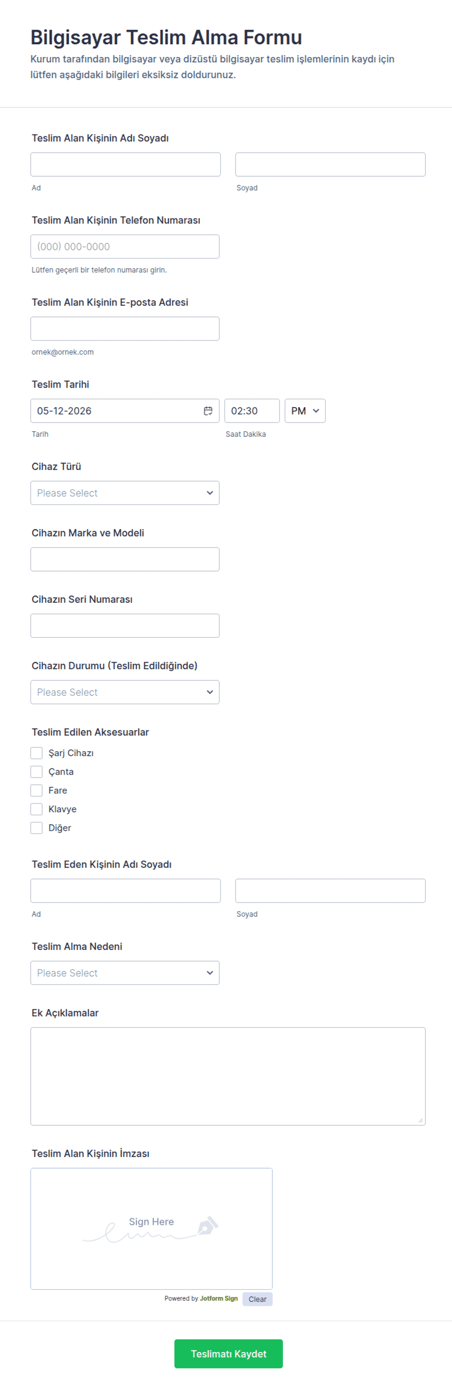 Bilgisayar Teslim Alma Form Şablonu | Jotform