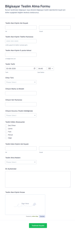 Bilgisayar Teslim Alma Form Şablonu