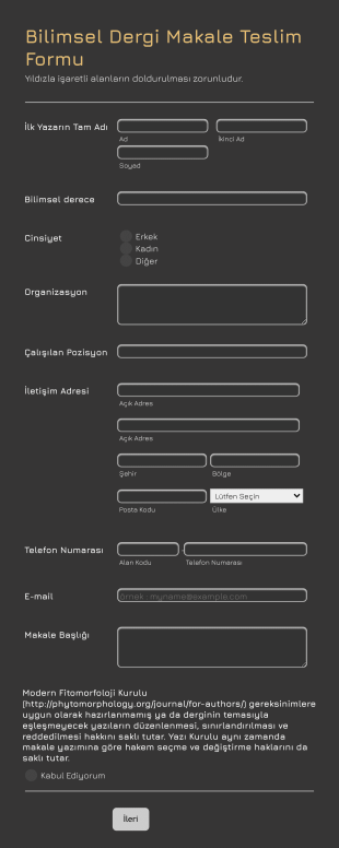Bilimsel Dergi Makale Teslim Form Template