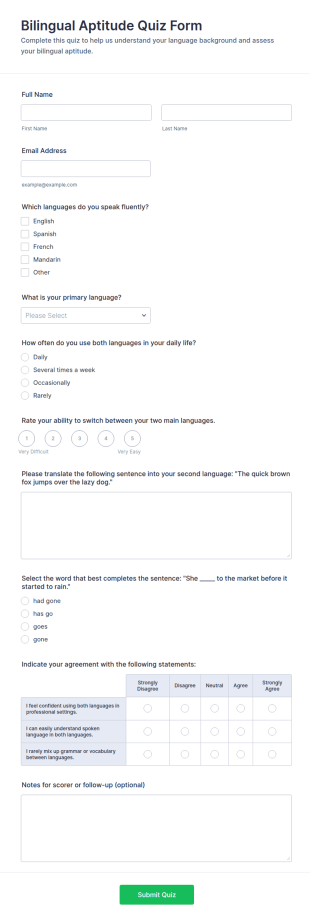 Bilingual Aptitude Quiz Form Template