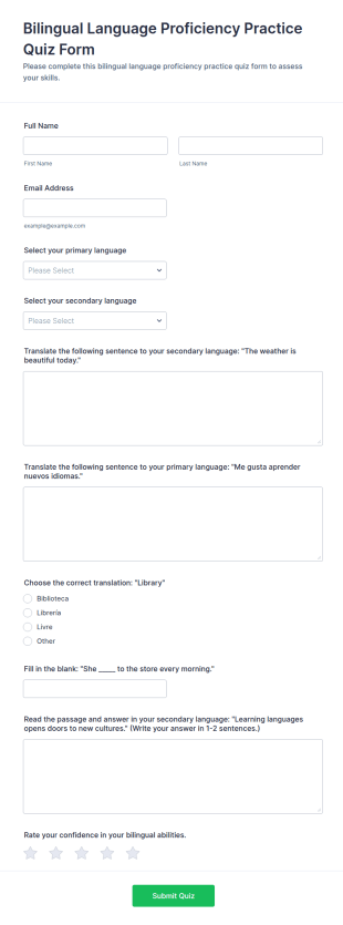 Bilingual Language Proficiency Practice Quiz Form Template