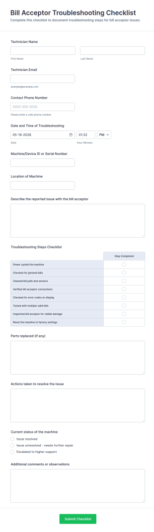 Bill Acceptor Troubleshooting Checklist Form Template