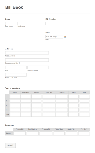 Bill Book Form Template