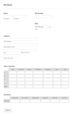 Bill Book Form Template