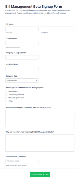 Bill Management Beta Signup Form Template