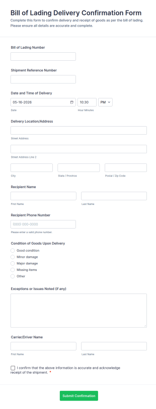 Bill Of Lading Delivery Confirmation Form Template