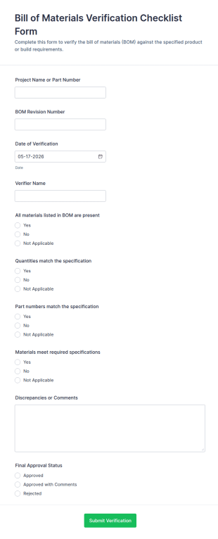 Bill Of Materials Verification Checklist Form Template