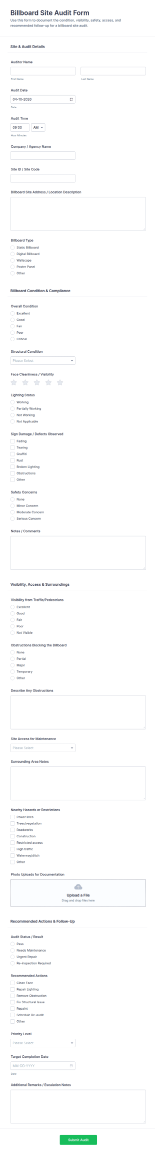 Billboard Site Audit Form Template