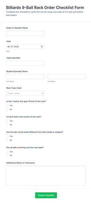 Billiards 9 Ball Rack Order Checklist Form Template