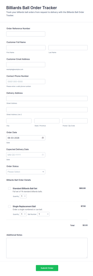 Billiards Ball Order Tracker Form Template