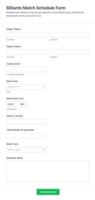 Billiards Match Schedule Form Template