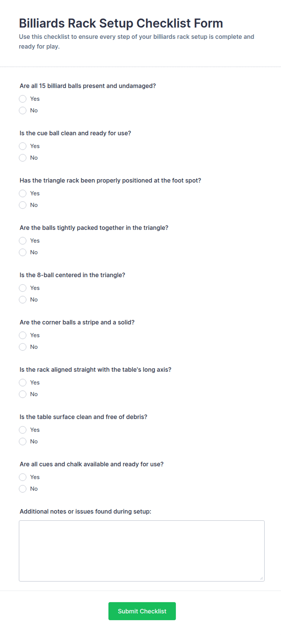 Billiards Rack Setup Checklist Form Template | Jotform