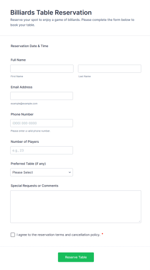 Billiards Table Reservation Form Template