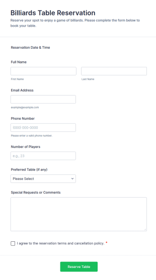 Billiards Table Reservation Form Template